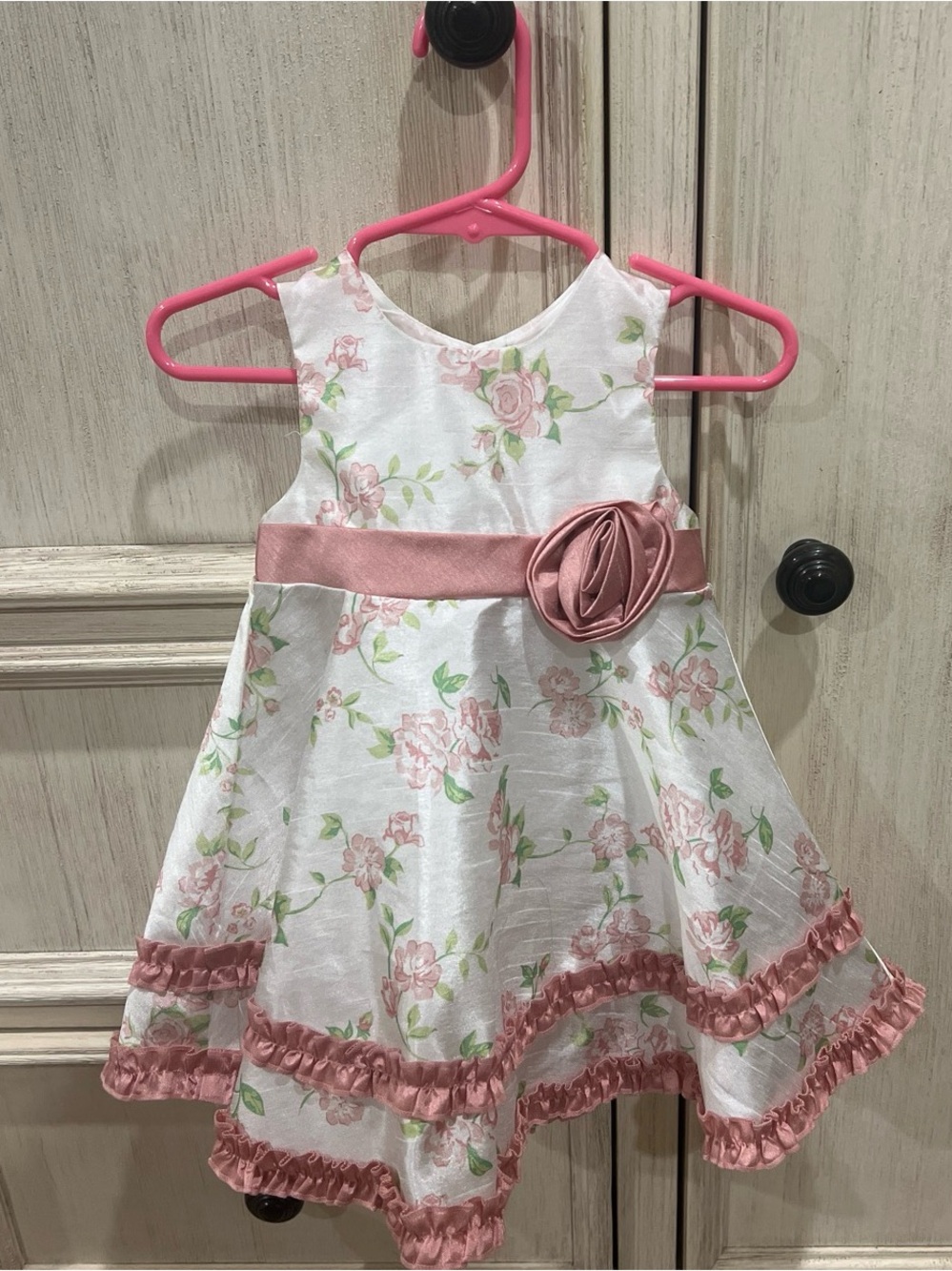 Wendy Bellissimo White and Pink Floral Satin Sash Party Dress